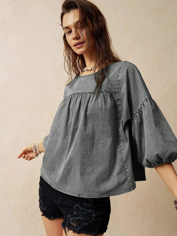 BohoFeels Women's Loose Green Vacation Theme Puff Sleeve Blouse