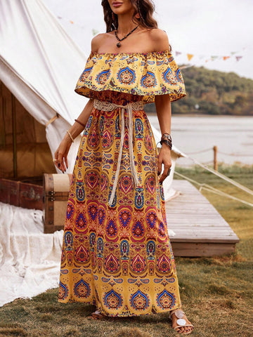 Women's Off-Shoulder Vintage Floral Print Fashionable Dress (Position Printing)