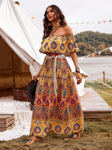 Women's Off-Shoulder Vintage Floral Print Fashionable Dress (Position Printing)