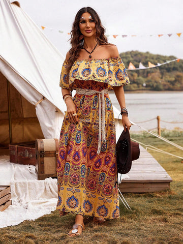 Women's Off-Shoulder Vintage Floral Print Fashionable Dress (Position Printing)