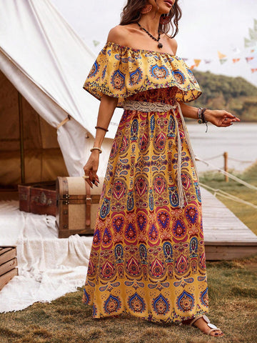 Women's Off-Shoulder Vintage Floral Print Fashionable Dress (Position Printing)