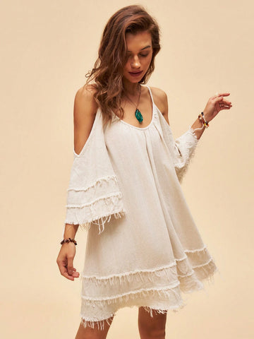 Women's Off Shoulder Frayed Hem Vacation Dress