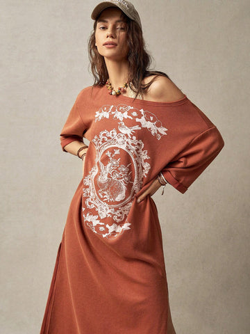 Women's Rabbit & Floral Printed T-Shirt Dress For Vacation & Leisure