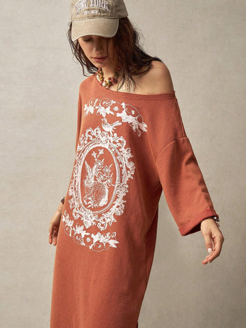 Women's Rabbit & Floral Printed T-Shirt Dress For Vacation & Leisure