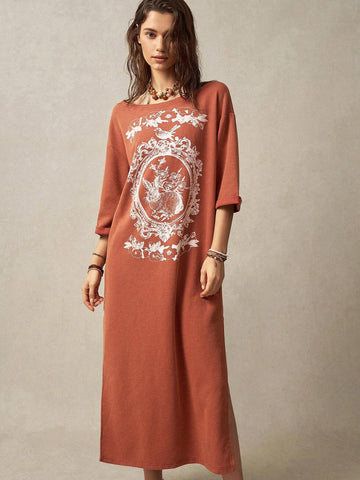Women's Rabbit & Floral Printed T-Shirt Dress For Vacation & Leisure