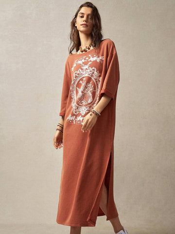 Women's Rabbit & Floral Printed T-Shirt Dress For Vacation & Leisure