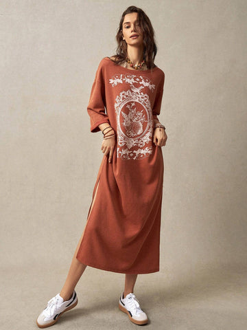 Women's Rabbit & Floral Printed T-Shirt Dress For Vacation & Leisure