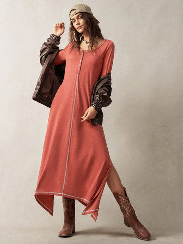 Women's Spring/Summer Solid Color Round Neck Button Half Placket Side Slit Long Sleeve