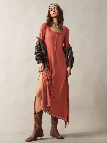 Women's Spring/Summer Solid Color Round Neck Button Half Placket Side Slit Long Sleeve