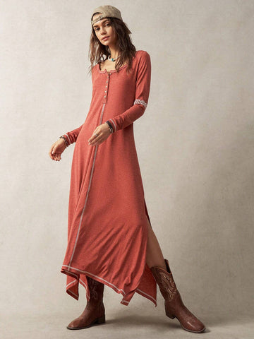 Women's Spring/Summer Solid Color Round Neck Button Half Placket Side Slit Long Sleeve