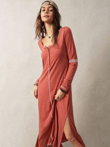 Women's Spring/Summer Solid Color Round Neck Button Half Placket Side Slit Long Sleeve