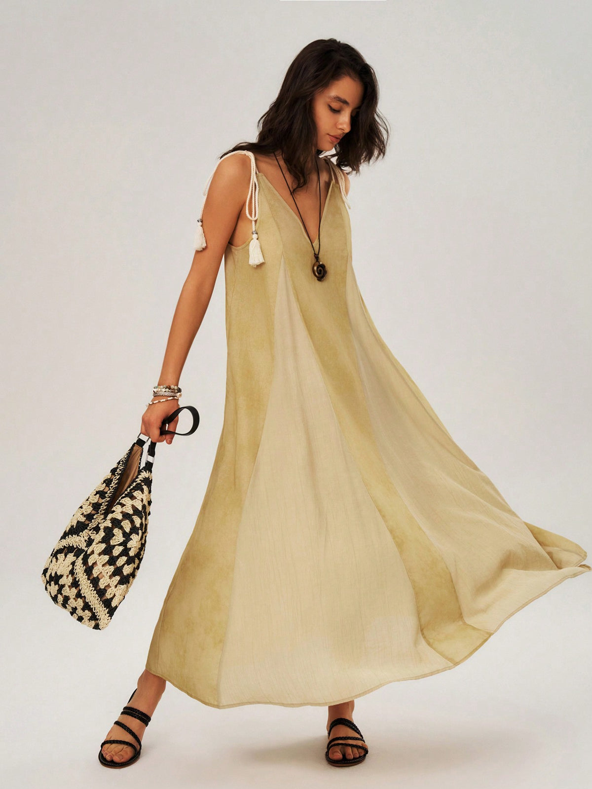 BohoFeels Women's Tassel Tie Shoulder Deep V-Neck Vacation Dress