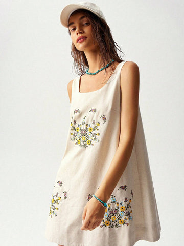 Women's Vacation Floral Embroidery Sleeveless Dress
