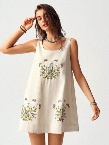 Women's Vacation Floral Embroidery Sleeveless Dress