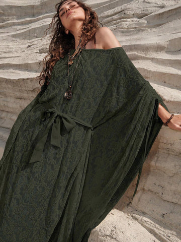 Women's Vacation Solid Color Uneven Collar Knotted Batwing Sleeve Dress