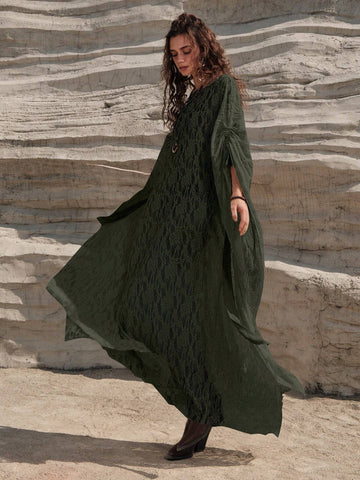 Women's Vacation Solid Color Uneven Collar Knotted Batwing Sleeve Dress