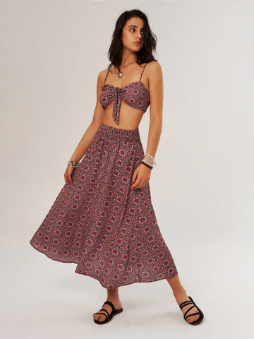 Women's Vacation Style Printed Cami Top And Skirt Set With Thin Straps