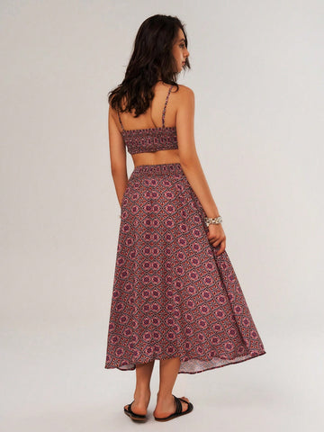 Women's Vacation Style Printed Cami Top And Skirt Set With Thin Straps