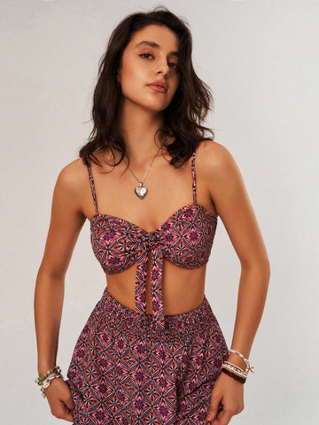 Women's Vacation Style Printed Cami Top And Skirt Set With Thin Straps