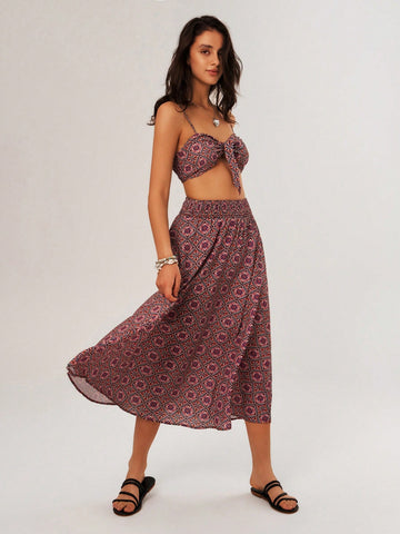 Women's Vacation Style Printed Cami Top And Skirt Set With Thin Straps