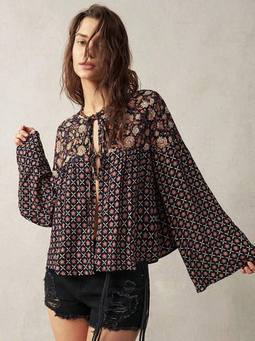 BohoFeels Women's Vacation Tie Front Design Printed Patchwork Shirt