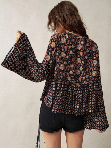 BohoFeels Women's Vacation Tie Front Design Printed Patchwork Shirt