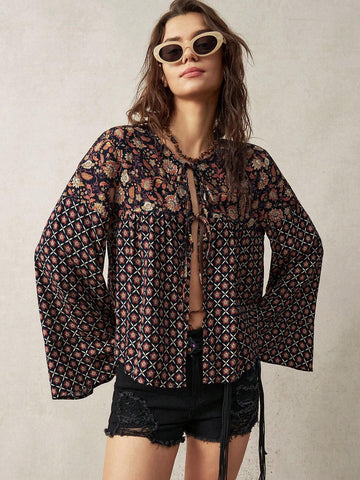 BohoFeels Women's Vacation Tie Front Design Printed Patchwork Shirt