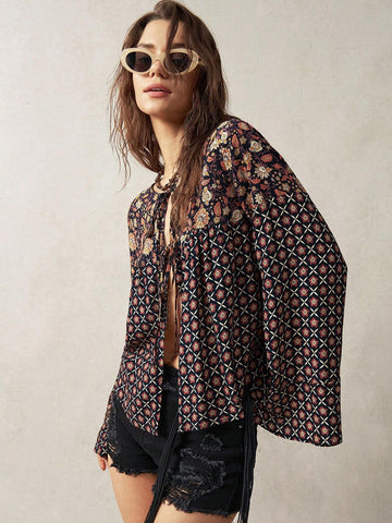 BohoFeels Women's Vacation Tie Front Design Printed Patchwork Shirt