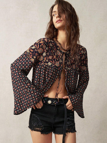 BohoFeels Women's Vacation Tie Front Design Printed Patchwork Shirt