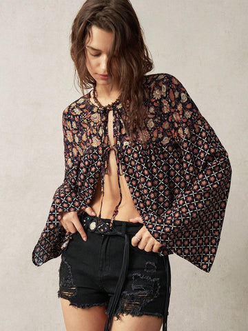 BohoFeels Women's Vacation Tie Front Design Printed Patchwork Shirt