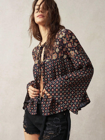 BohoFeels Women's Vacation Tie Front Design Printed Patchwork Shirt