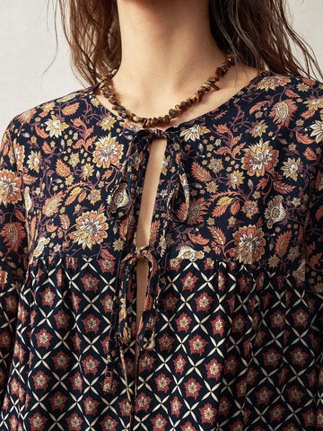 BohoFeels Women's Vacation Tie Front Design Printed Patchwork Shirt
