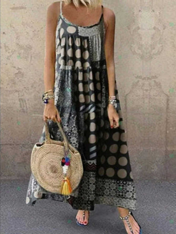 Women's Vintage Patchwork Pattern Sleeveless Dress For Vacation And Leisure