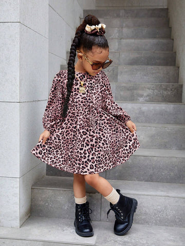 Bowknot Back Leopard Print Casual Dress, Suitable For Daily Wear In Autumn/Winter