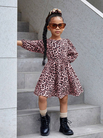 Bowknot Back Leopard Print Casual Dress, Suitable For Daily Wear In Autumn/Winter