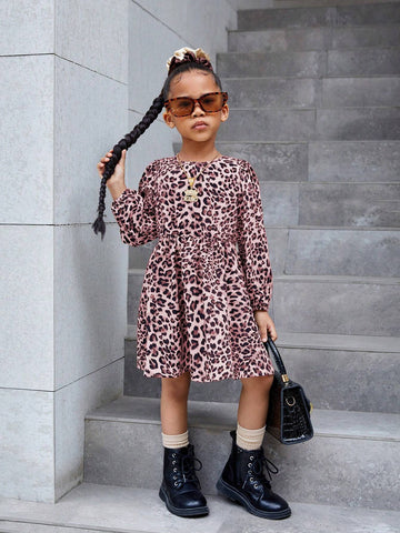 Bowknot Back Leopard Print Casual Dress, Suitable For Daily Wear In Autumn/Winter