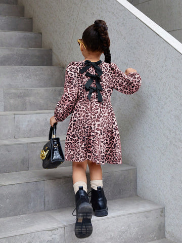 Bowknot Back Leopard Print Casual Dress, Suitable For Daily Wear In Autumn/Winter