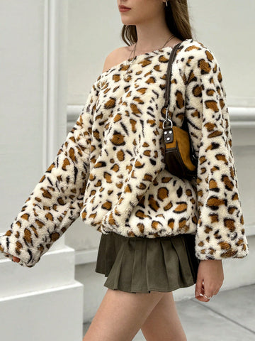 Women's Autumn/Winter Leopard Print Asymmetric Collar Teddy Fleece T-Shirt Graphic Cheetah Print Tees Women Tops