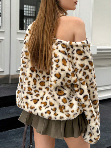 Women's Autumn/Winter Leopard Print Asymmetric Collar Teddy Fleece T-Shirt Graphic Cheetah Print Tees Women Tops