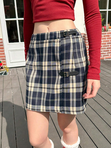 Bubbli Women's Vintage Plaid Button Detail Mini Skirt, Suitable For Summer And Autumn