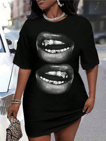 Lip Pattern Loose Round Neck Short Sleeve Mini Dress, Suitable For Spring & Summer