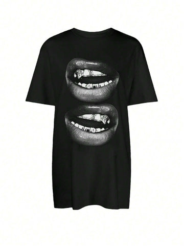 Lip Pattern Loose Round Neck Short Sleeve Mini Dress, Suitable For Spring & Summer