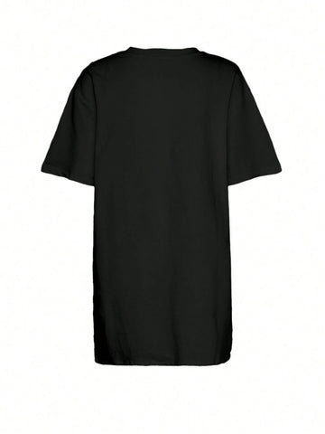 Lip Pattern Loose Round Neck Short Sleeve Mini Dress, Suitable For Spring & Summer