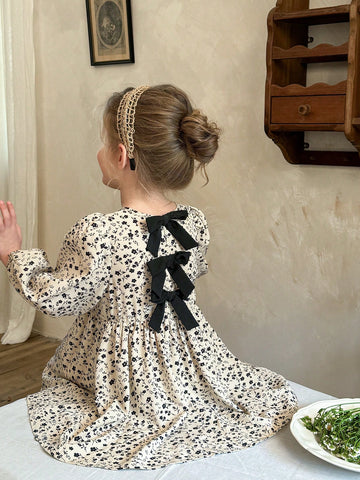 Casual Style Long Sleeve Floral Print Print Dress With Bow Decor On Back, Suitable For Young Girls' Casual Daily Wear In Autumn/Winter
