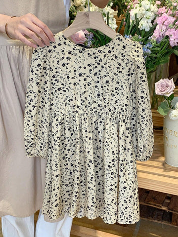 Casual Style Long Sleeve Floral Print Print Dress With Bow Decor On Back, Suitable For Young Girls' Casual Daily Wear In Autumn/Winter