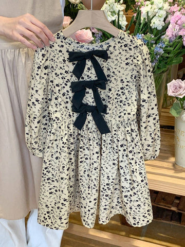 Casual Style Long Sleeve Floral Print Print Dress With Bow Decor On Back, Suitable For Young Girls' Casual Daily Wear In Autumn/Winter