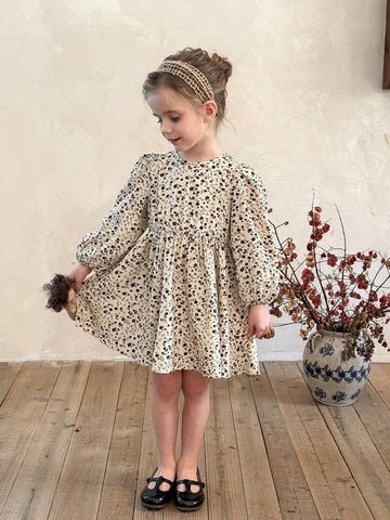 Casual Style Long Sleeve Floral Print Print Dress With Bow Decor On Back, Suitable For Young Girls' Casual Daily Wear In Autumn/Winter