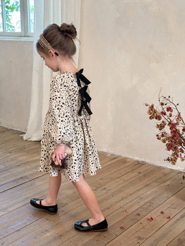 Casual Style Long Sleeve Floral Print Print Dress With Bow Decor On Back, Suitable For Young Girls' Casual Daily Wear In Autumn/Winter