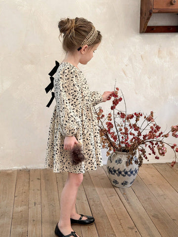 Casual Style Long Sleeve Floral Print Print Dress With Bow Decor On Back, Suitable For Young Girls' Casual Daily Wear In Autumn/Winter