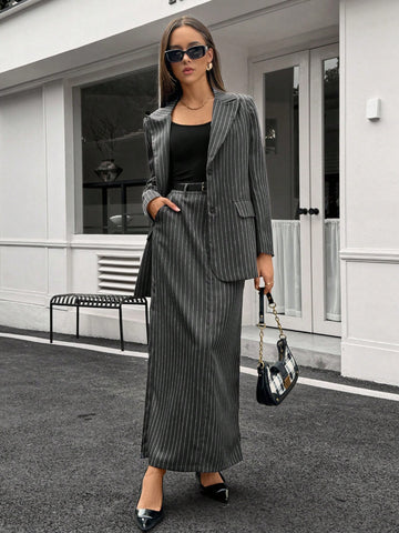 ChicEase High Waist Slit Long Knee-Length Elastic Waist Striped Straight Pocket Skirt